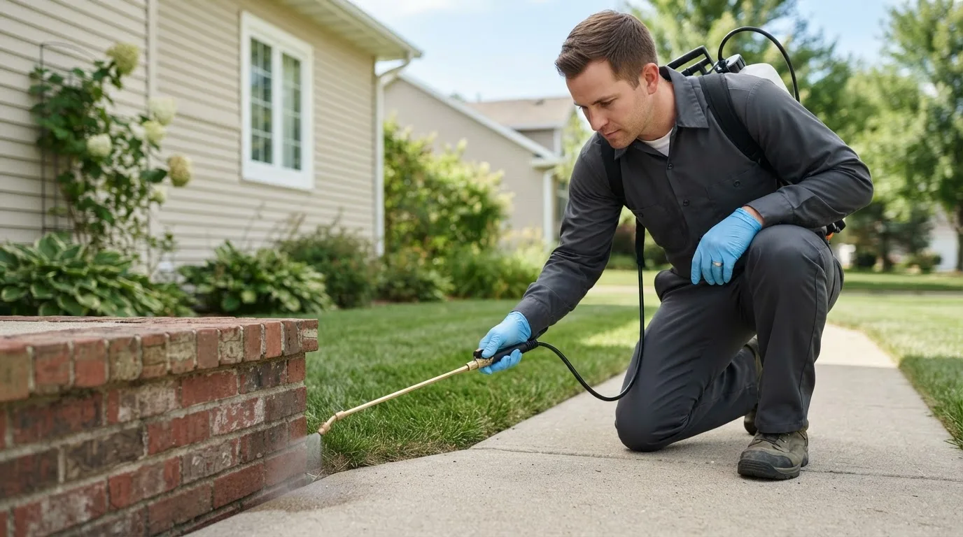 Pest control technician treating a home near Jenks, OK