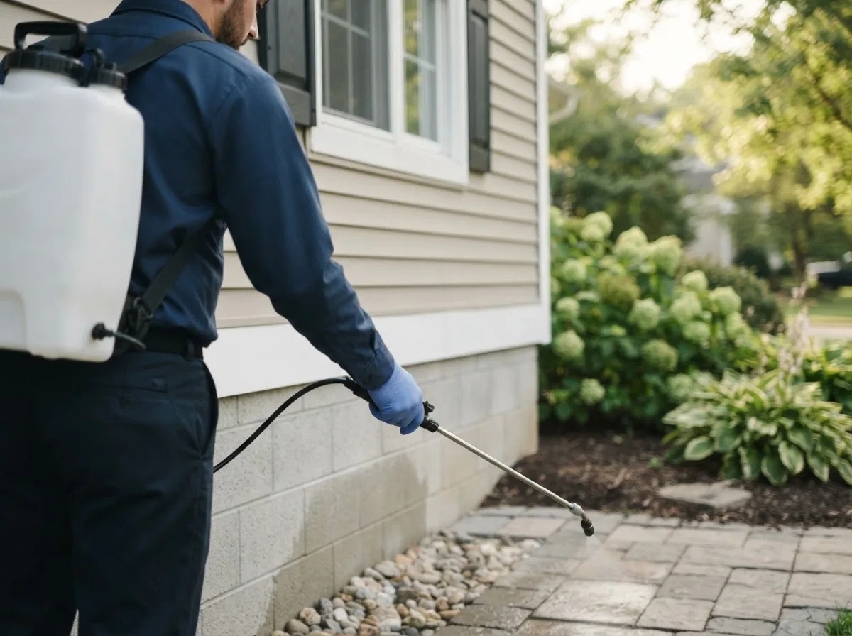 Pest control technician inspecting a home in Jenks, OK